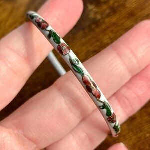 Vintage Cloisonné Bangle Bracelet Slim White Enamel Floral 7.5”